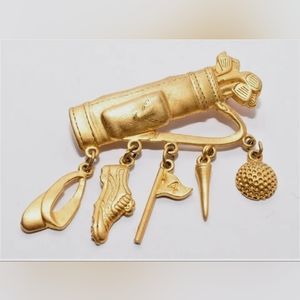 Antique Golf Club Bag Dangling Charms Gold Tone Brooch/Broach Janette Jewelry JJ